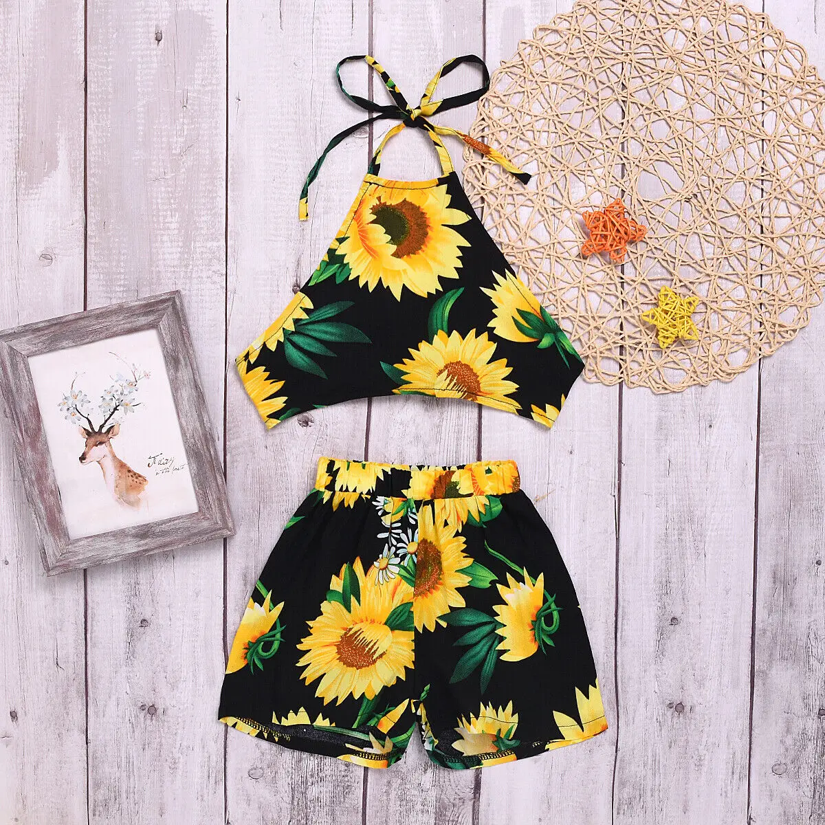 

2Pcs Newborn Baby Girl Fashion Sunflower Belted Clothes Crop Tops Shorts Outfit Summer
