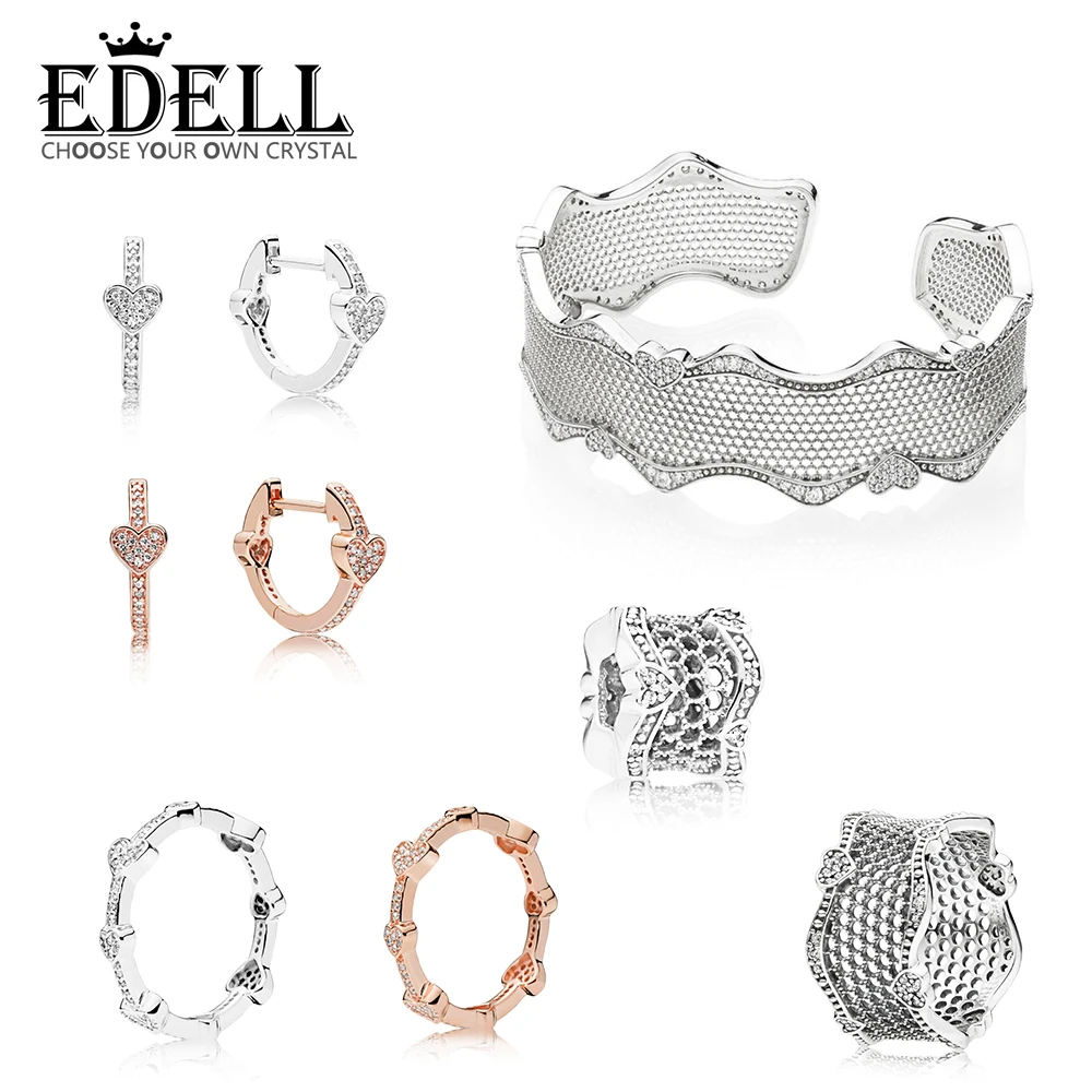 

EDELL 100% 925 Sterling Silver 1:1 ROSE ALLURING HEARTS RING EARRINGS LACE OF LOVE RING BANGLE SPACER CHARM Wedding Jewelry