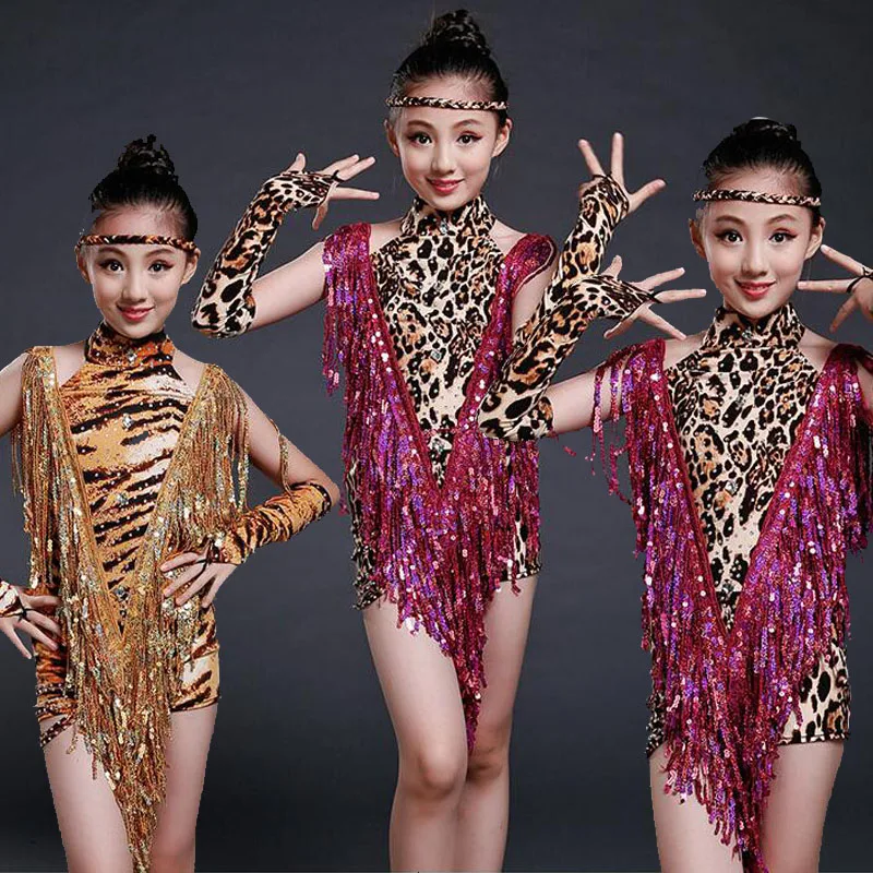 

Leopard Tassels Girls Ballroom Latin Dance dress Kids Party Performance Costumes competition skating dresses ballroom Skirt