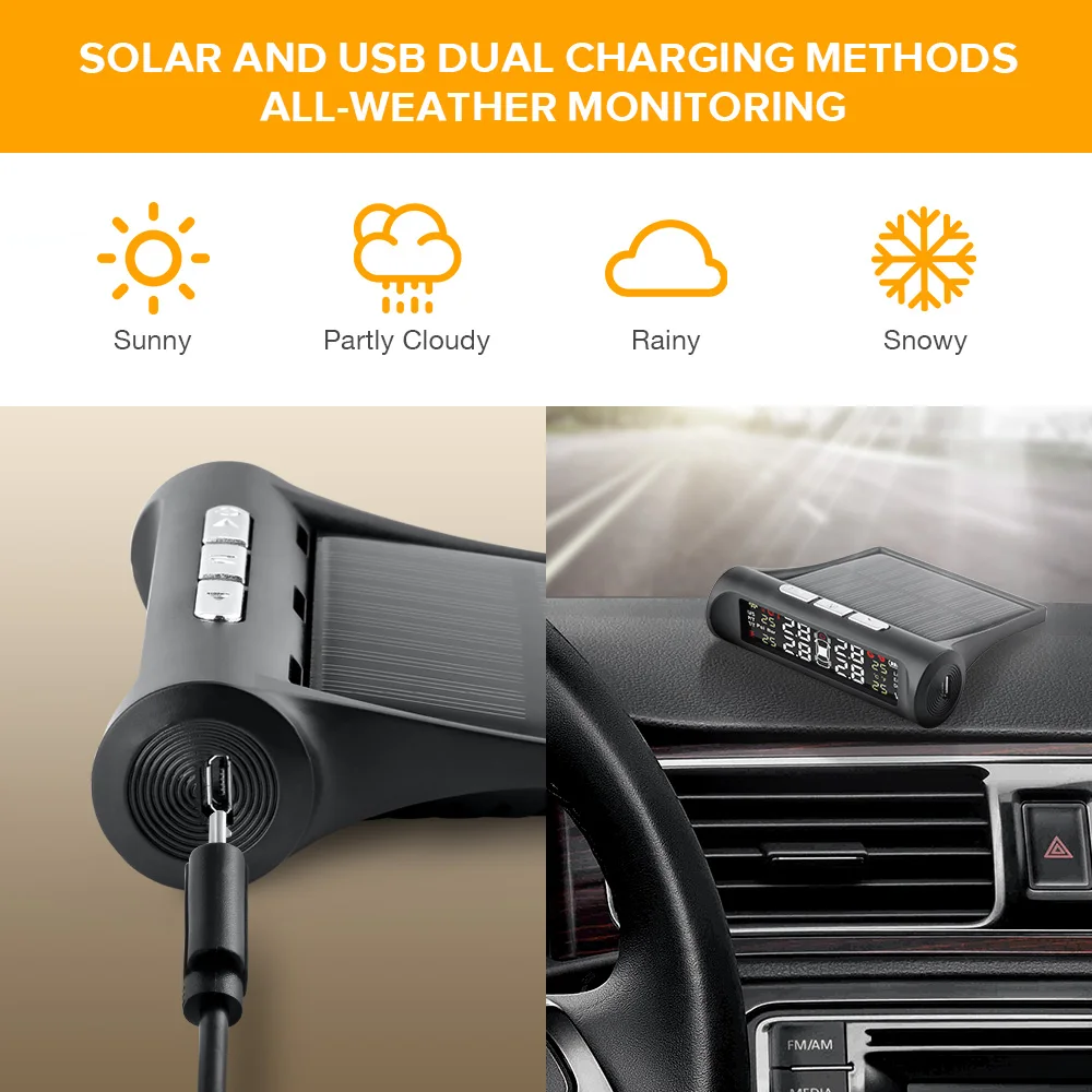 USB солнечная зарядка автомобиля TPMS система контроля давления в шинах HD цифровой ЖК-дисплей Авто сигнализация Инструмент беспроводной 4 внешний датчик