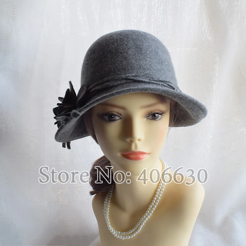 Новые цветочные шерстяные фетровые шляпы для женщин Chapeu платье Fedoras Cloche шляпы женские SDDW041 - Цвет: 043 grey