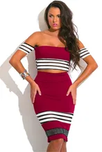 Hohe Qualität Red Striped Weg Von Der Schulter 2 Stücke Set Rayon Verbandkleid Abendgesellschaft Kleid