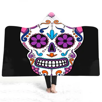 

Sugar Skull Flower Hooded Blanket Floral Gothic Sherpa Fleece Wearable Throw Blanket on Bed Sofa for Adults 1.5*2m Gift