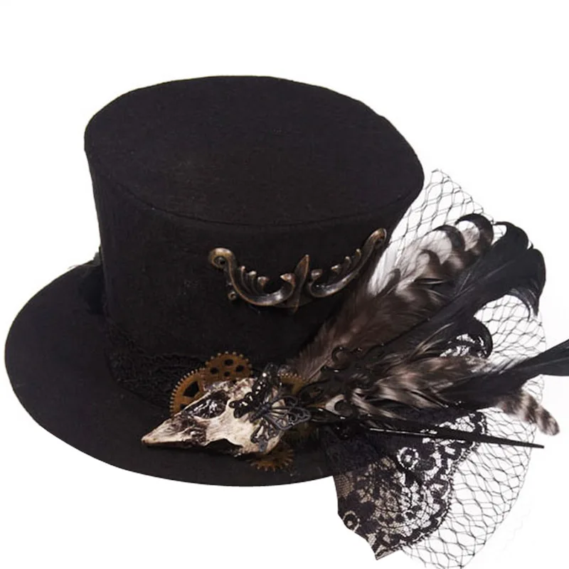 Womens Goth Gothic Emo Black Top Hat with Skeleton Hand & Feathers Halloween Fun 