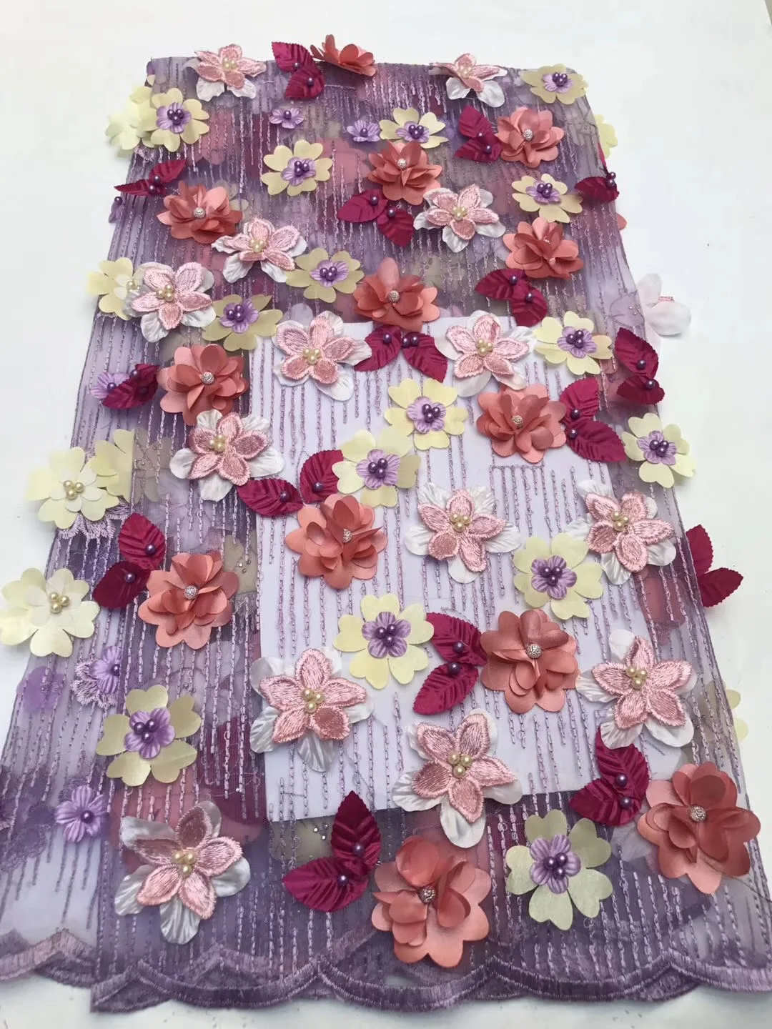 

BEAUTIFICAL heavy beaded lace fabric fancy lace fabric lilac color 3d flower french lace high quality in stock ZXN69