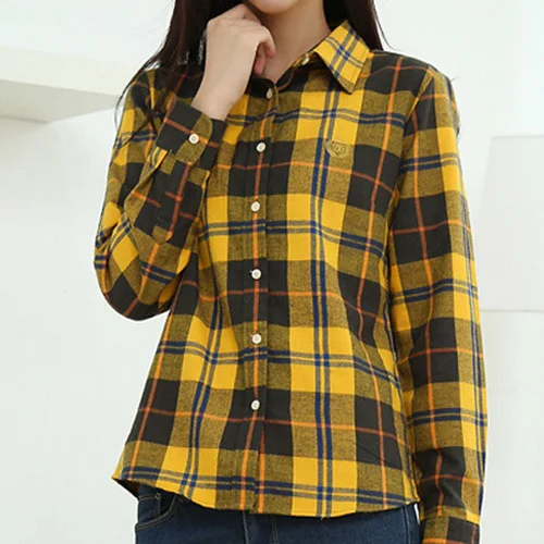Calidad clásico mujeres camisa a cuadros de manga larga da