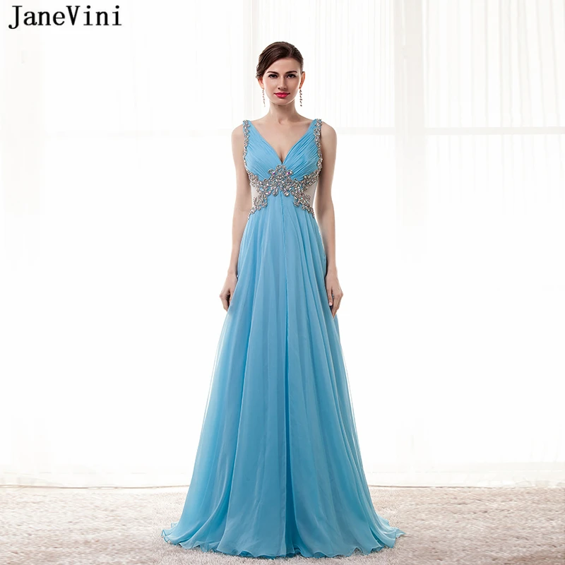 JaneVini Chiffon Long Blue  Bridesmaid  Dresses  Sexy Deep  V 