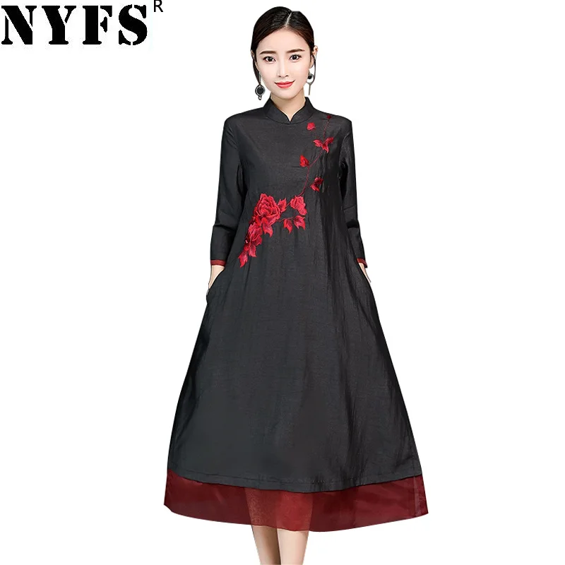 

NYFS 2019 New Summer dress Chinese style Vintage Women dress Loose Silk embroidery long Dress Vestidos Robe