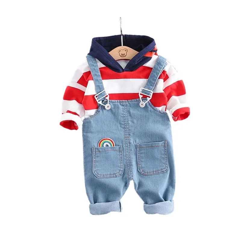 Комплект одежды из 3 предметов для мальчиков и девочек, весна-осень, полосатая футболка+ джинсы на подтяжках, детская одежда, костюмы для мальчиков ясельного возраста
