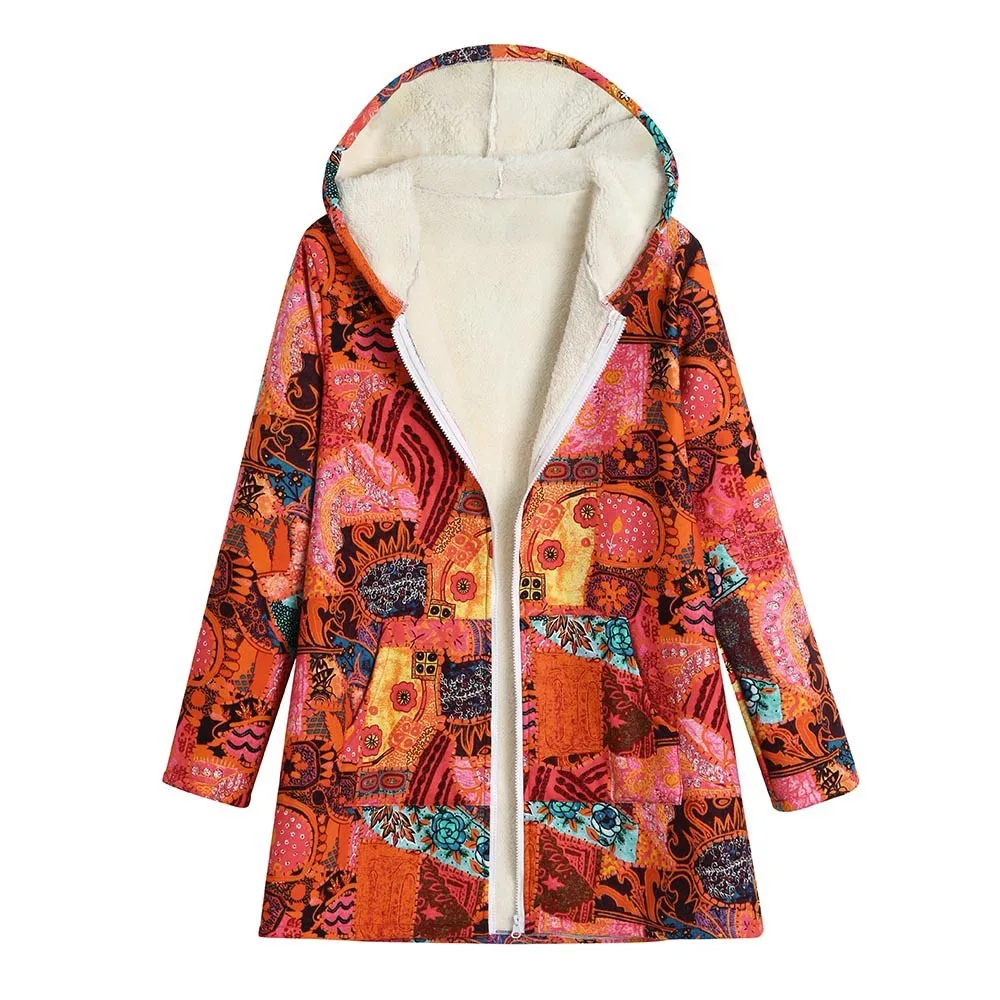 

Women retro cotton hemp large size plush long sleeve hooded padded jacket lady Plus Size Linen Fluffy Fur Zipper Coat Outwear