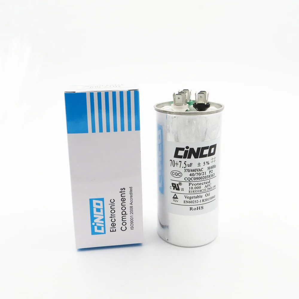 

70uF + 7.5 uF 370/440VAC Run Capacitor Air Conditioner Compressor Motor Start CBB65 Aluminum Can P2 CBB65A-1 370V 440V