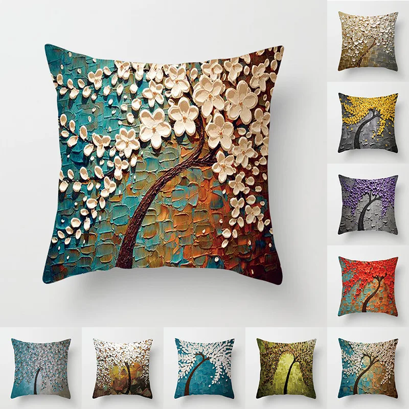 

Nordic Oil Painting Tree Plant Flower Abstract Pillowcase Sofa Pillow Pillowcase Napping Pillowcase Home Essential