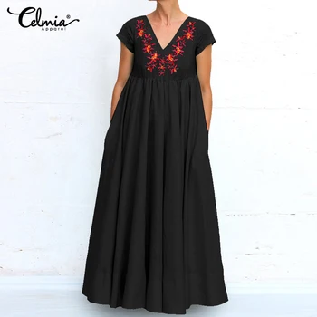 

Women's Sundress 2020 Celmia Pleated Print Pockets Dress Casual V neck Loose Long Maxi Dress Summer Party Holdiay Vestidos S-5XL