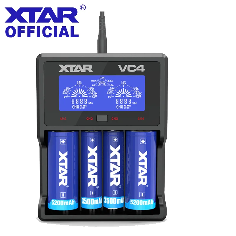 

Original XTAR VC4 Charger Universal LCD Screen Display USB Ni-MH/Ni-CD Li-ion Battery Charger For AA C D 18650 14500 16340 26650