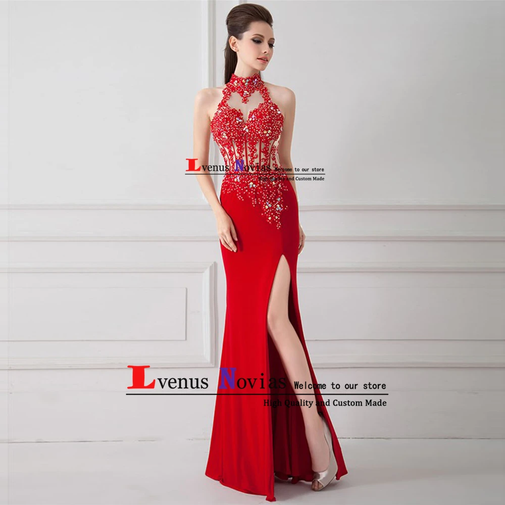 Vestidos de gala новое поступление с высокой горловиной и открытой спиной Красный Длинные платья выпускного вечера Роскошные кружева бисером формальное вечернее платье вечерние платье