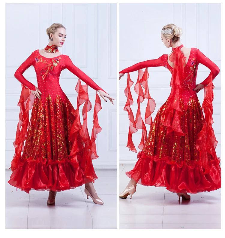 2018新しい王室勒赤いグリーンローズ新しいスタイル社交スタンダードダンスドレスワルツ競争ドレスレディ社交ダンスドレス