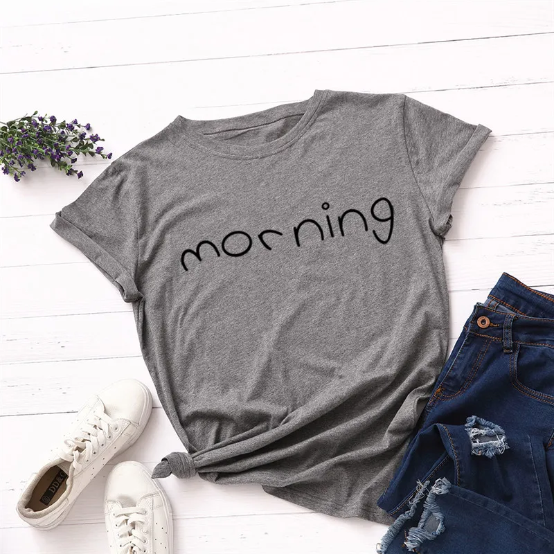 Новая модная женская футболка размера плюс S-5XL с принтом в виде утренних букв, хлопок, круглый вырез, короткий рукав, летняя футболка, топы, Повседневная футболка