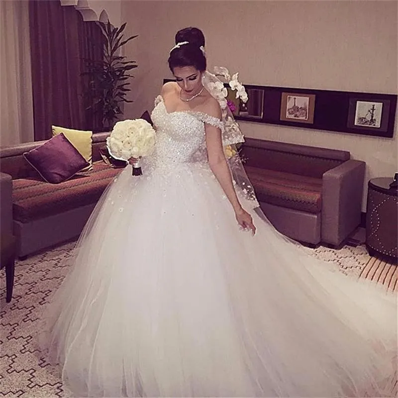 

Elegant Princess Wedding Dresses 2019 Sweetheart Backless Ball Gown Beads Tulle Chapel Train Bridal Gowns Vestido de noiva