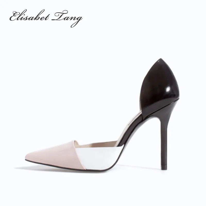 

Leather Pink Black White Mix Color Pointed Toe Thin High Heels Woman Shoes Summer Cut-Outs Wedding Female Simple Women's Pumps