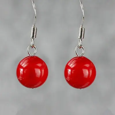 

Free shipping@ Chic 12mm South Sea Shell Red Coral Round Beads 925 Silver Dangle Earrings 6.10