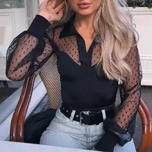 2020 Women Elegant Fashion Black Patchwork Regular Shirt Female Top Casual Brief Dot Sheer Mesh Yoke Casual Blouse