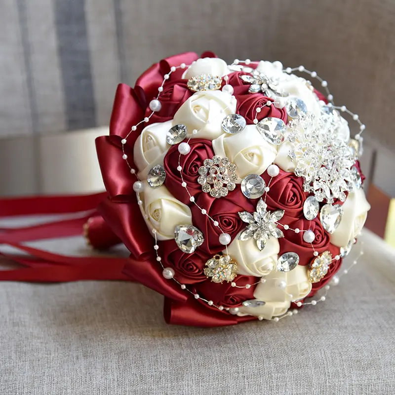 

2018 hot Burgundy Brooch Bouquet Ivory Bride Bouquets de mariage Artificial Crystal Wedding Flowers buque de noiva 4 Colors TL06