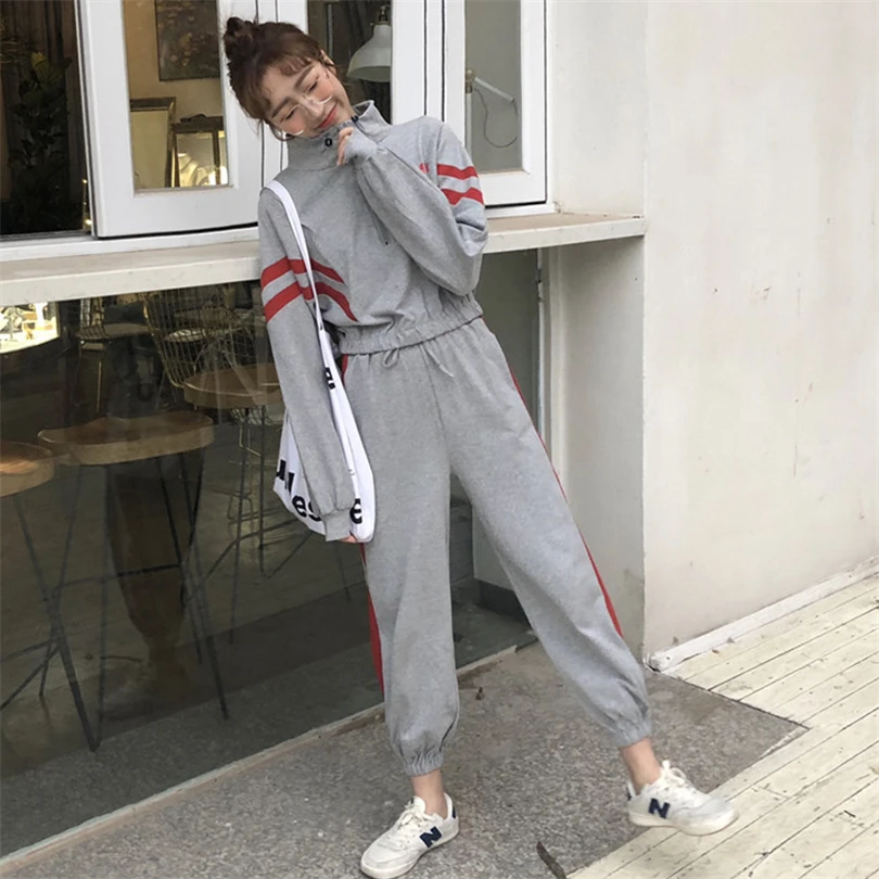 

TYHRU Summer Women Contrast Color Long Sleeve Zipper High Waist Tops+Long Pant Casual Wear Two Piece Suits