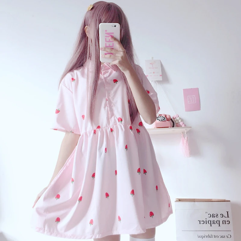 

Summer Japanese new sweet cute Cartoon strawberry print loose girls dress Soft sister cute Lolita Prairie Chic student dress