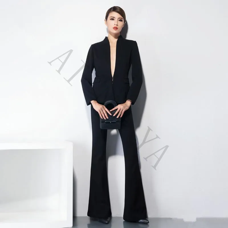Traje de ocio para mujer, chaqueta de Color sólido y pantalones de campana,  traje de uniforme de oficina con cuello mandarín negro, Primavera|black  pant suit women|womens black pant suitblack pants suits -