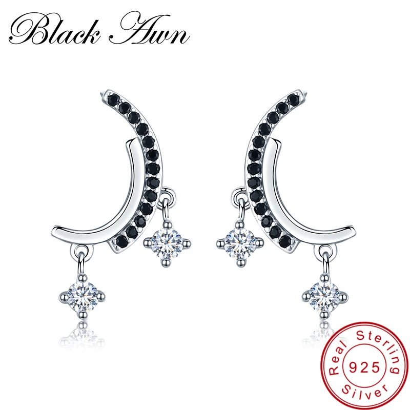 

[BLACK AWN] Trendy 925 Sterling Silver Jewelry Black Spinel Moon Wedding Stud Earrings for Women Female Bijoux I011