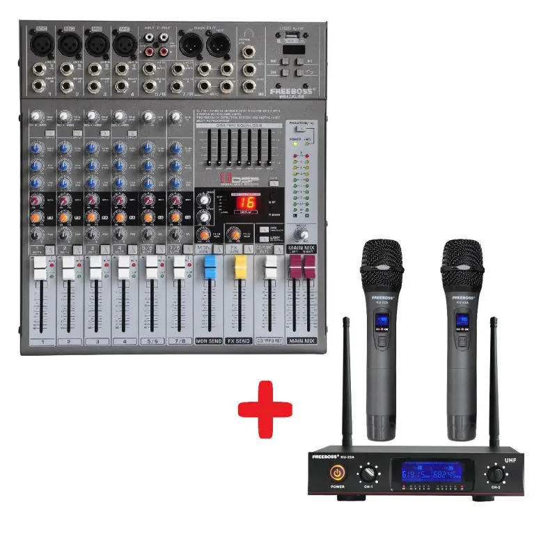 

FREEBOSS ME82A Audio Mixer + KU-22A 2 Way Metal Handheld Wireless Microphone