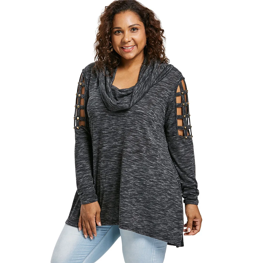 

L-5XL Women Autumn Large size Tops Female Casual Turtleneck Hollow out Long Tops Pile Collar Long Sleeve Plus size T-shirt Tops