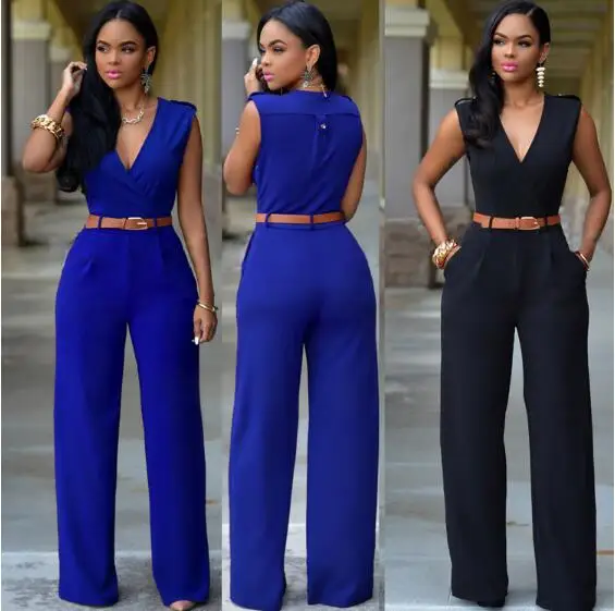 Women Jumpsuit Long Pants Rompers Sleeveless V-neck 2021 Summer Wide Leg Pants Jumpsuirt With Belt Sexy Club Party Overalls