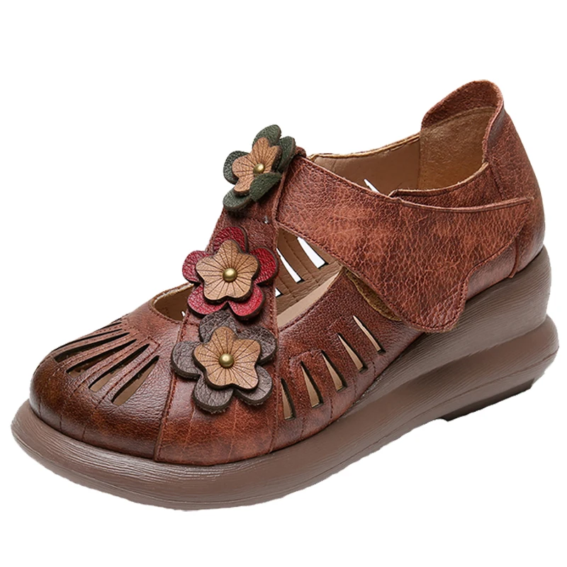 

European and American Style Vintage Flower Summer Shoes Female Thick Bottom Increase Genuine Leather Sandals Women Wedges Shoes