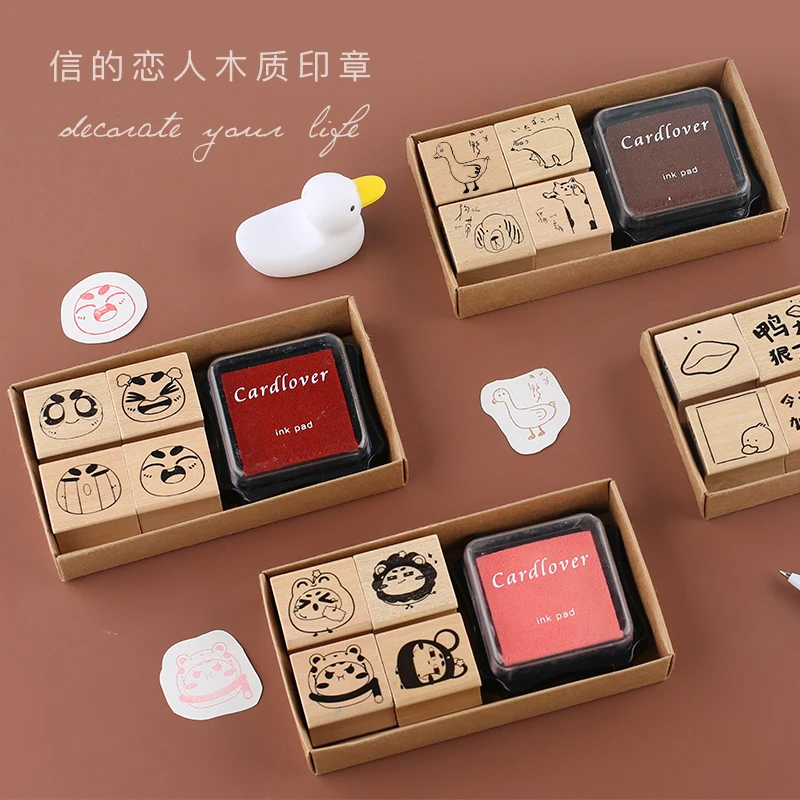 

Friend 4Pcs seal +1Pcs inkpad\DIY cute creative fun retro wooden stamp seal scrapbook student stationery office supplies