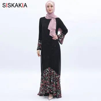 

Siskakia Muslim Chiffon Long Dress Fashion Mermaid Floral Patchwork Reversible Dresses Black Elegant Flare Sleeve Summer 2019
