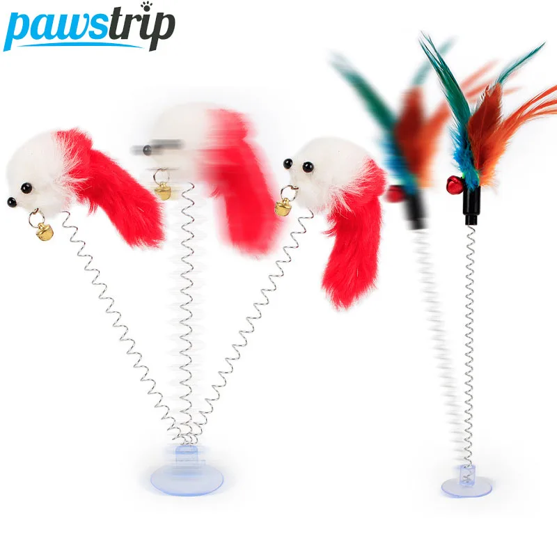 1pc Colorful Feather Cat Toys Mouse Interactive Bottom Sucker Spring Cat Scratcher Pet Toys For Cats