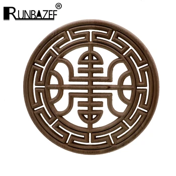 

RUNBAZEF Chinese Wood Engraving Round Applique Frame Corner Unpainted Furniture Trim Door Home Decor Decoration Accessories