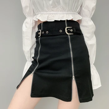 

Women High Waist Zips Front Mini Skirt with Buckle Details