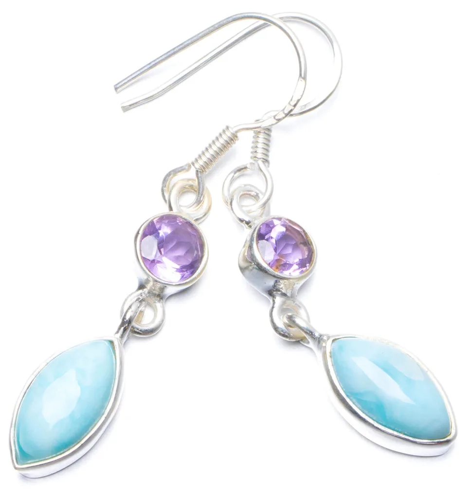 

Natural Caribbean Larimar and Amethyst Handmade Unique 925 Sterling Silver Earrings 1.5" Y0576