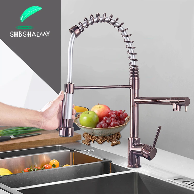 

Rose Gold Spring Kitchen Faucet Black Pull Down Kitchen sink Crane Dual Swivel Spout Kitchen Mixer Tap Hot Cold Water Mixer