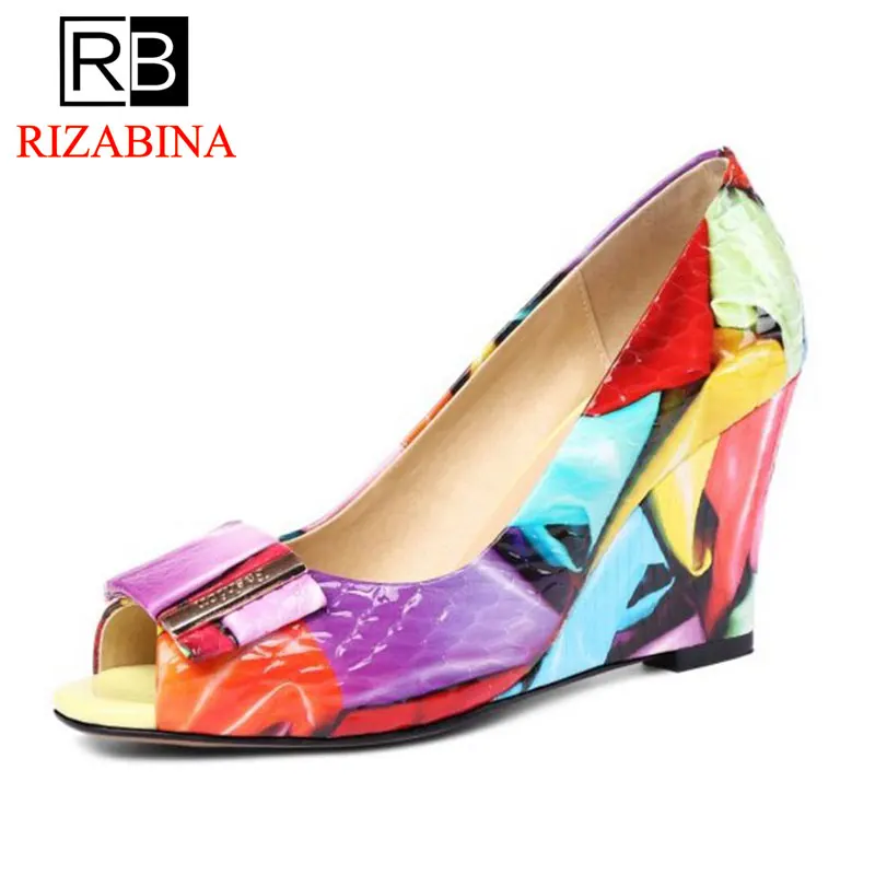 

RIZABINA Size 33-42 Genuine Leather Women Wedges Pumps Colorful Printing High Heels Shoes Peep Toe Party Wedding Shoes Woman