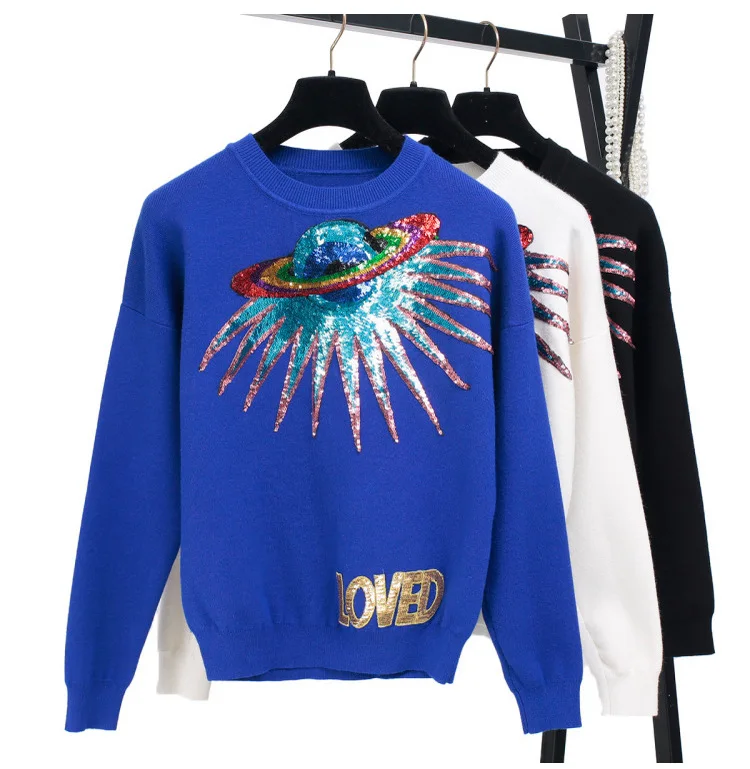 Warmsway/осенние вязанные пуловеры с пайетками и надписью «UFO planet», женский свитер, джемпер с длинным рукавом, свитер с надписью «Love», C-010