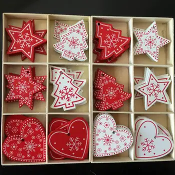 10pcs/set White Red Christmas Tree Ornament Wooden Hanging Pendants Angel Snow Bell Elk Star Christmas Decorations for Home