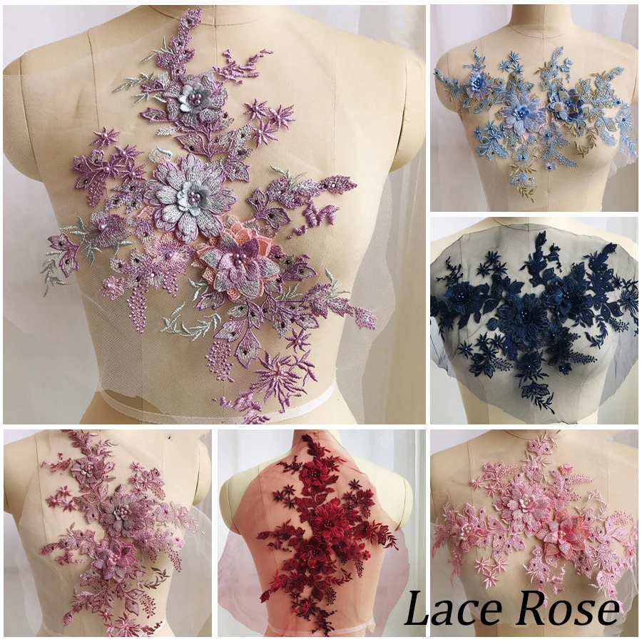 

1Pcs 3D Flowers Beaded Pearl Embroidery Patch For Wedding/Evening Dress Clothing Sew On Patches Diy Floral Lace Fabrics Applique