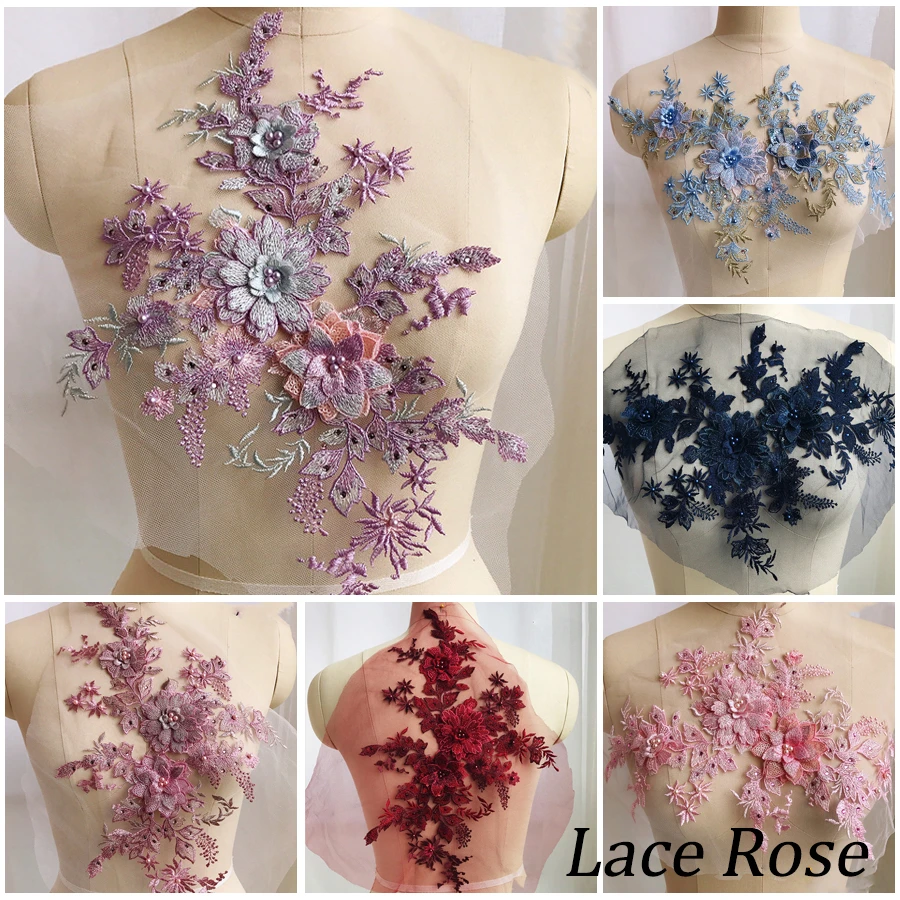 Pearl Beaded 3D Flowers Diy Patch Lace Applique Sew On Patches for Wedding Dress Pearl Beaded 3D Flowers Diy Patch Lace Applique Sew On Patches for Wedding Dress