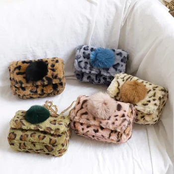 

Female Cute Muff Small Shoulder Bag Fashion Winter Leopard Fluffy Pom Pom Chain Flap Crossbody Bag for Women 2020 Lady Handbags
