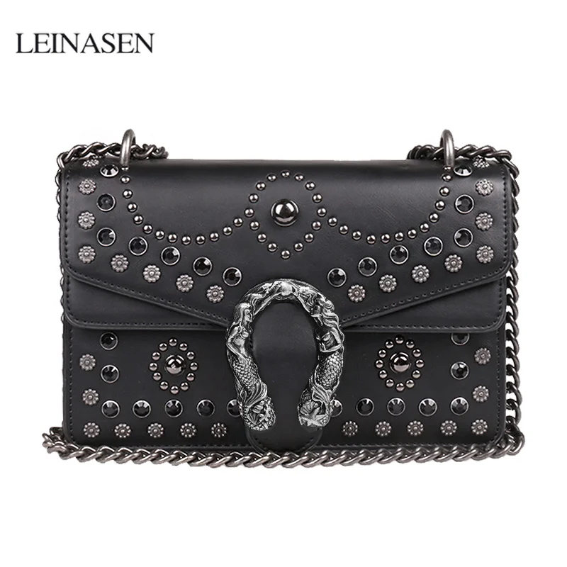 Luxury Brand Rivet Chain Casual Shoulder Messenger Bags Women Leather Bags Gem Handbags Ladies ...