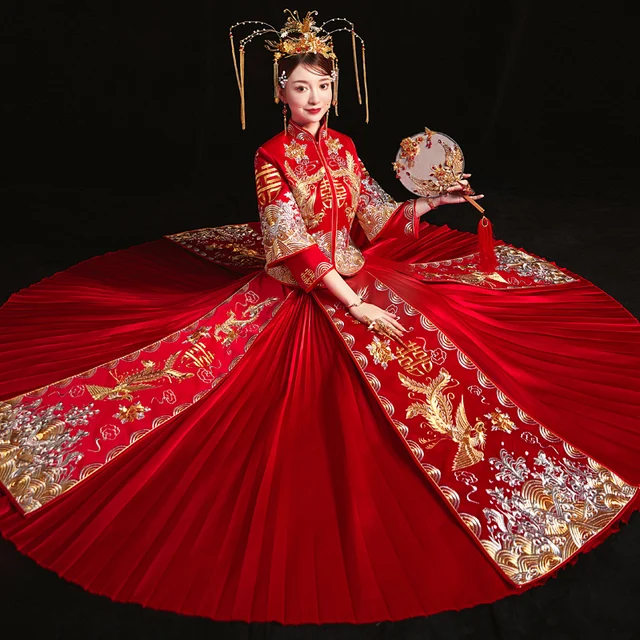 wedding cheongsam traditional Chinese bride dress Ancient marriage costume gown clothing womens