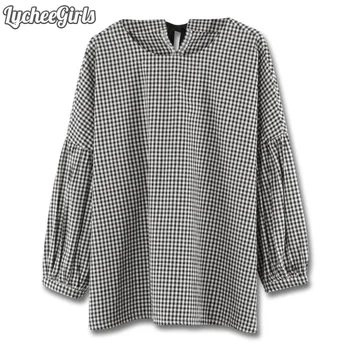 

LycheeGirls Spring Autumn Women Blouse Plaid Lace Up Bow Tie Lantern Sleeve Casual Loose Shirt Tops Female
